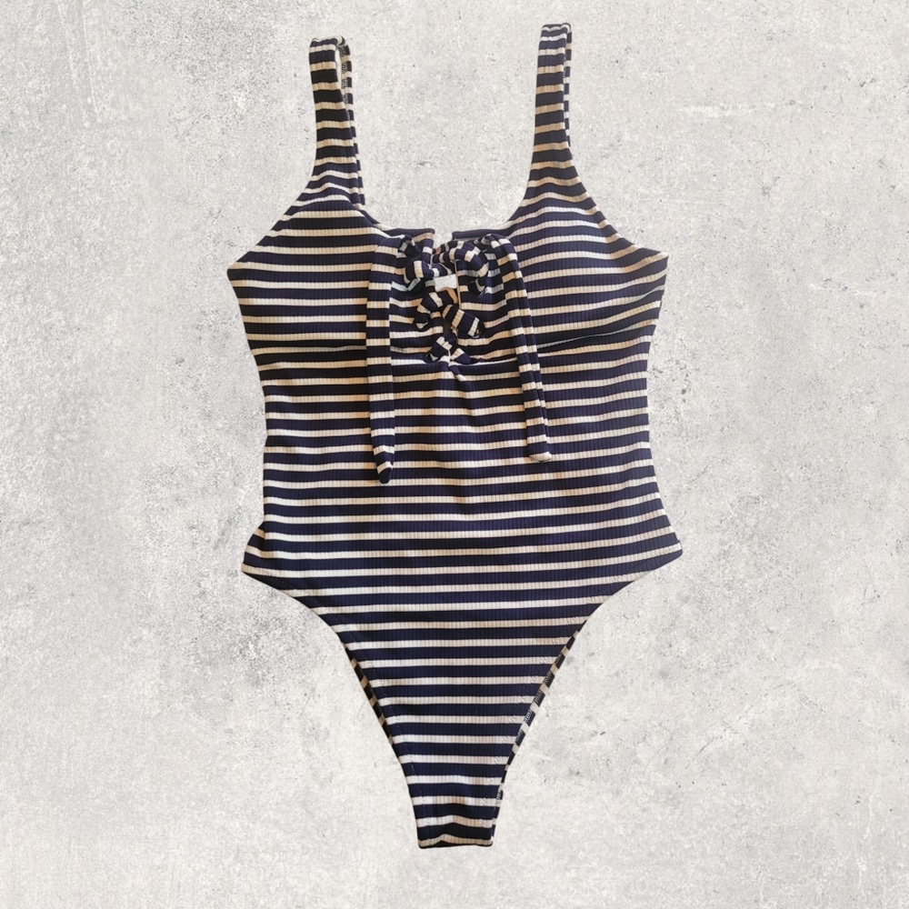 Aerie Blue and White One-Piece Swimsuit with Nautical Stripes